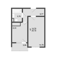 ЖК «Клевер», планировка 1-комнатной квартиры, 34.18 м²