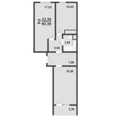 ЖК «Клевер», планировка 2-комнатной квартиры, 60.39 м²