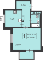 ЖК «в проезде Дежнева, 32», планировка 1-комнатной квартиры, 51.67 м²