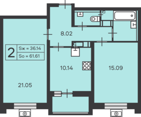 ЖК «в проезде Дежнева, 32», планировка 2-комнатной квартиры, 61.61 м²