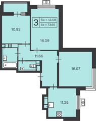 ЖК «в проезде Дежнева, 32», планировка 3-комнатной квартиры, 73.66 м²