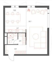 МЖК «Саввинская 17», планировка 2-комнатной квартиры, 65.50 м²