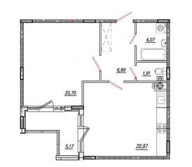 МЖК «Луговое», планировка 1-комнатной квартиры, 57.15 м²