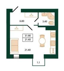 МЖК «Дубровская 14», планировка 1-комнатной квартиры, 31.90 м²