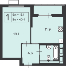 ЖК «на Амурской улице», планировка 1-комнатной квартиры, 40.40 м²