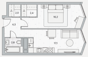 ЖК «Береговой 2», планировка 1-комнатной квартиры, 44.80 м²