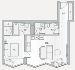 ЖК «Береговой 2», планировка 1-комнатной квартиры, 51.10 м²