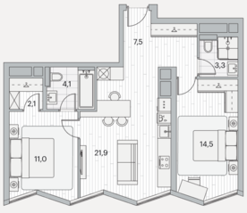 ЖК «Береговой 2», планировка 2-комнатной квартиры, 64.40 м²