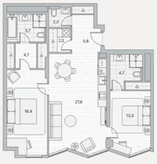 ЖК «Береговой 2», планировка 2-комнатной квартиры, 82.90 м²