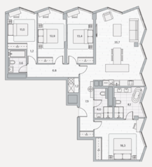 ЖК «Береговой 2», планировка 4-комнатной квартиры, 124.70 м²