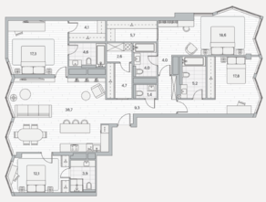 ЖК «Береговой 2», планировка 4-комнатной квартиры, 154.00 м²