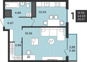 МЖК «Новокасимово», планировка 1-комнатной квартиры, 45.51 м²