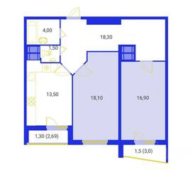 ЖК «Эврика», планировка 2-комнатной квартиры, 74.00 м²