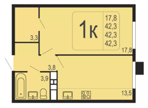 ЖК «Фрунзенский», планировка 1-комнатной квартиры, 42.30 м²