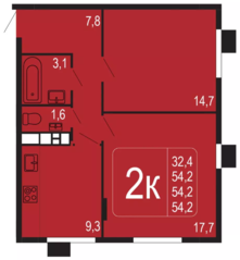 ЖК «Фрунзенский», планировка 2-комнатной квартиры, 54.20 м²