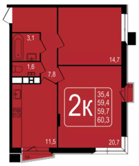 ЖК «Фрунзенский», планировка 2-комнатной квартиры, 59.70 м²