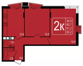 ЖК «Фрунзенский», планировка 2-комнатной квартиры, 61.20 м²
