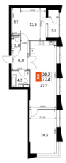 ЖК «Sky Garden», планировка 3-комнатной квартиры, 77.20 м²