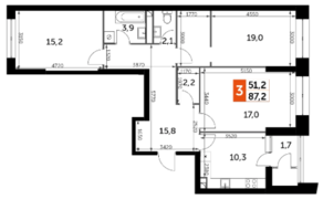ЖК «Sky Garden», планировка 3-комнатной квартиры, 87.20 м²