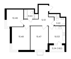 ЖК «Одинград. Квартал Семейный», планировка 3-комнатной квартиры, 72.91 м²