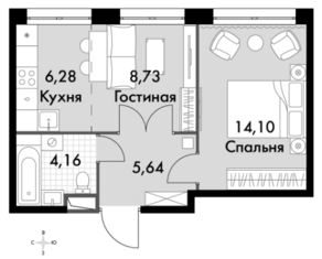 Апарт-комплекс «Движение. Говорово», планировка 2-комнатной квартиры, 38.91 м²