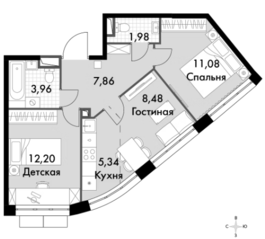 Апарт-комплекс «Движение. Говорово», планировка 3-комнатной квартиры, 50.90 м²