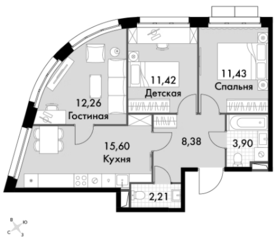 Апарт-комплекс «Движение. Говорово», планировка 3-комнатной квартиры, 65.20 м²