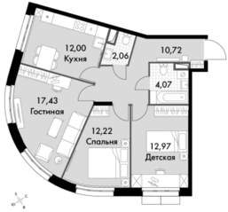 Апарт-комплекс «Движение. Говорово», планировка 3-комнатной квартиры, 71.47 м²