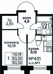 ЖК «МелиСад», планировка 1-комнатной квартиры, 30.30 м²