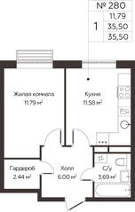 ЖК «МелиСад», планировка 1-комнатной квартиры, 35.50 м²
