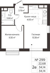 ЖК «МелиСад», планировка 2-комнатной квартиры, 34.14 м²