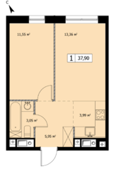 ЖК «Self», планировка 1-комнатной квартиры, 37.80 м²