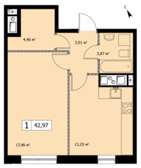 ЖК «Self», планировка 1-комнатной квартиры, 42.90 м²