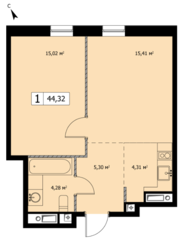 ЖК «Self», планировка 1-комнатной квартиры, 44.00 м²