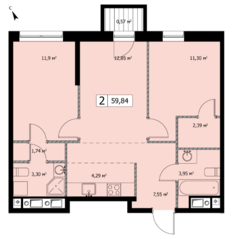 ЖК «Self», планировка 2-комнатной квартиры, 59.60 м²