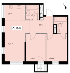 ЖК «Self», планировка 2-комнатной квартиры, 64.10 м²