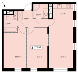ЖК «Self», планировка 2-комнатной квартиры, 72.20 м²