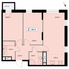 ЖК «Self», планировка 2-комнатной квартиры, 67.30 м²