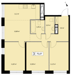 ЖК «Self», планировка 3-комнатной квартиры, 74.50 м²