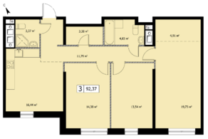 ЖК «Self», планировка 3-комнатной квартиры, 92.50 м²