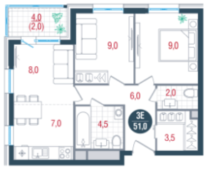 ЖК «Русич Кантемировский», планировка 3-комнатной квартиры, 51.00 м²