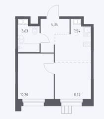 Апарт-комплекс «Тропарево парк», планировка 2-комнатной квартиры, 34.00 м²