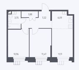 Апарт-комплекс «Тропарево парк», планировка 3-комнатной квартиры, 52.50 м²