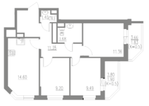 ЖК «Внуково Парк-2», планировка 3-комнатной квартиры, 61.40 м²