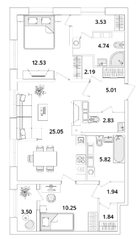 ЖК «БелАрт», планировка 2-комнатной квартиры, 77.48 м²