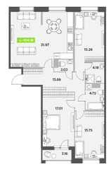 ЖК «Аквилон Leaves», планировка 4-комнатной квартиры, 104.18 м²