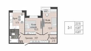 ЖК «Sertolovo Park», планировка 2-комнатной квартиры, 45.87 м²