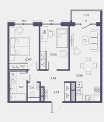 ЖК «Большой 67», планировка 2-комнатной квартиры, 64.78 м²
