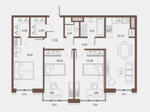 ЖК «Большой 67», планировка 3-комнатной квартиры, 87.23 м²