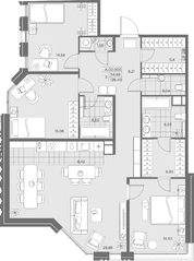ЖК «AKZENT», планировка 3-комнатной квартиры, 126.40 м²